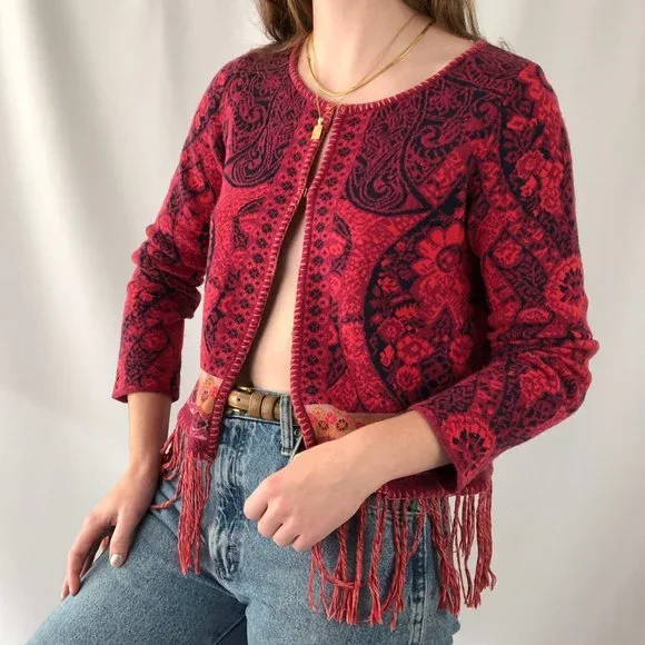 Stunning Vintage Cooi Knit Nordic Fringe Cropped Boho Cardigan Sweater Bohemian - Picture 3 of 9